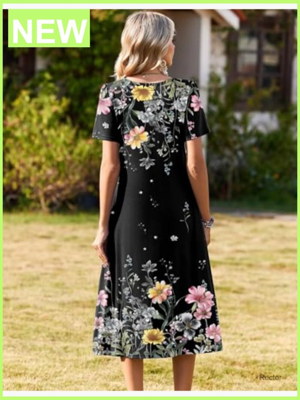Women's Floral Midi Sundress with Pockets V Neck Short Sleeve Pleated A-Line - Picture 3 of 7